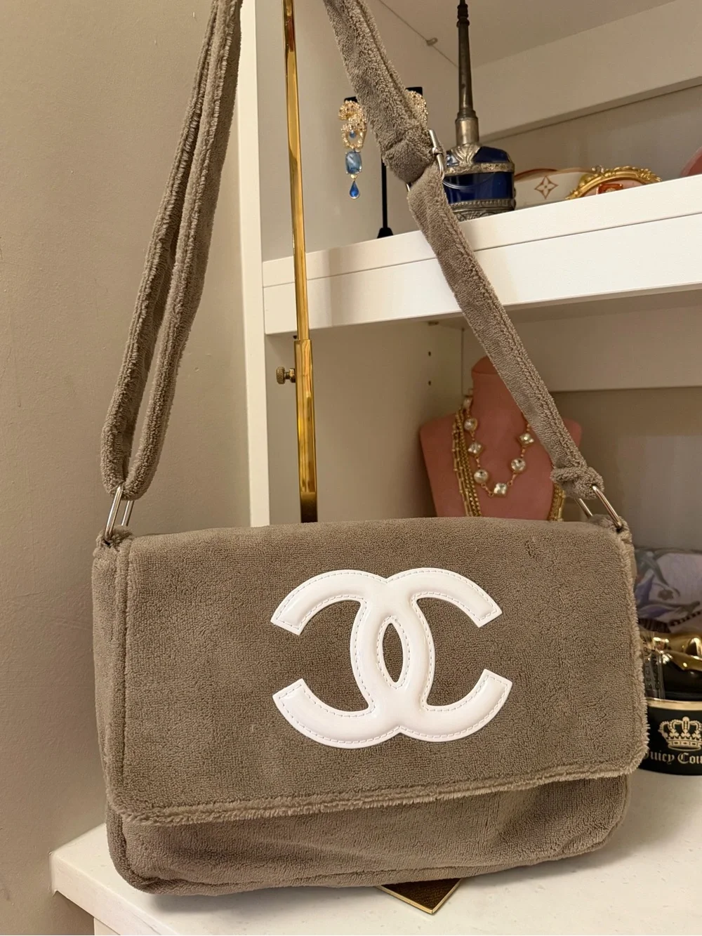Taupe Plush Shoulder Bag with White Logo